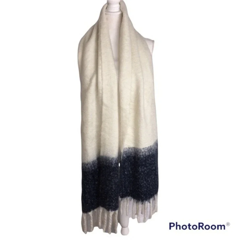 Extra Large Fringed Scarf Cream Blue Wrap Warm Soft
